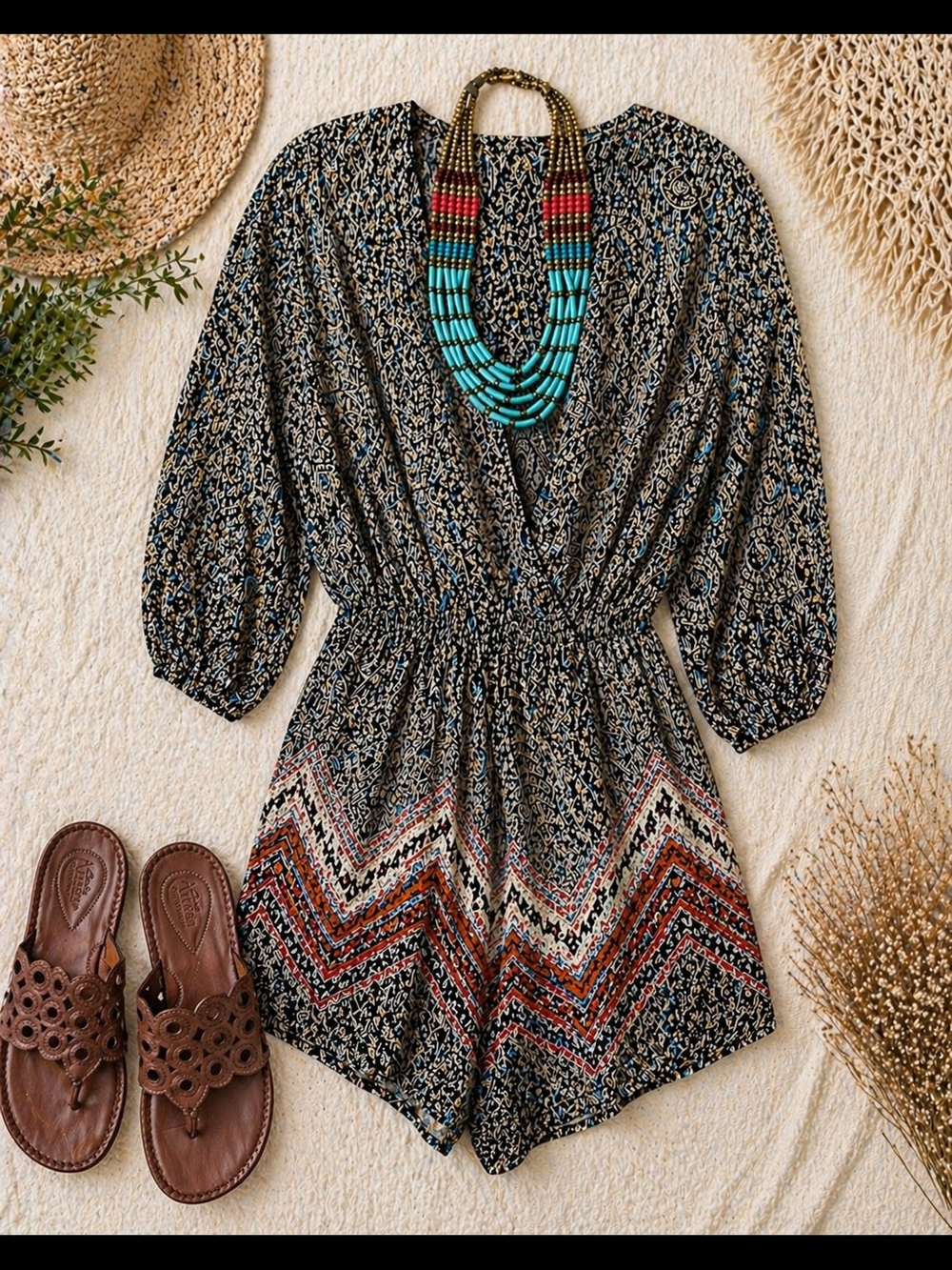 Angie Boho Romper Dress Medium Black Cream Print